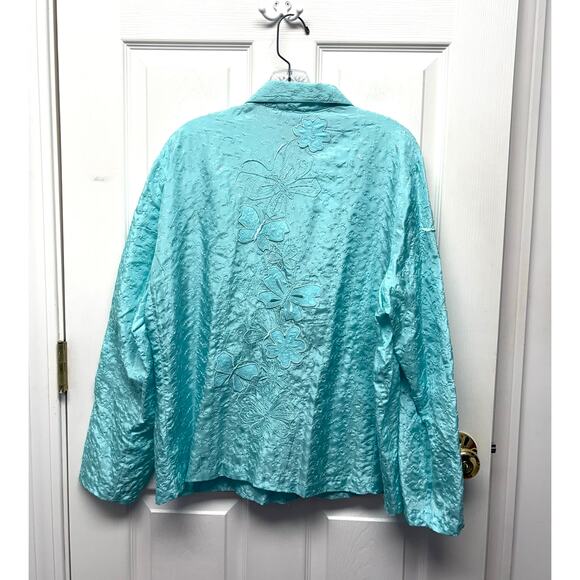 Aqua Blue Silk Blouse Floral Embroidery Long Sleeve Button Up Women's Size L - Picture 2 of 5